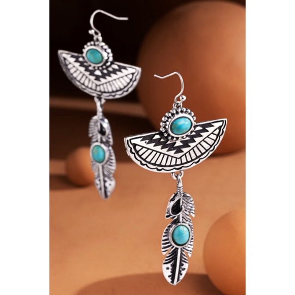 Western Silver Turquoise Navajo Bohemian Feather Dandle Earrings - Picture 2 of 3